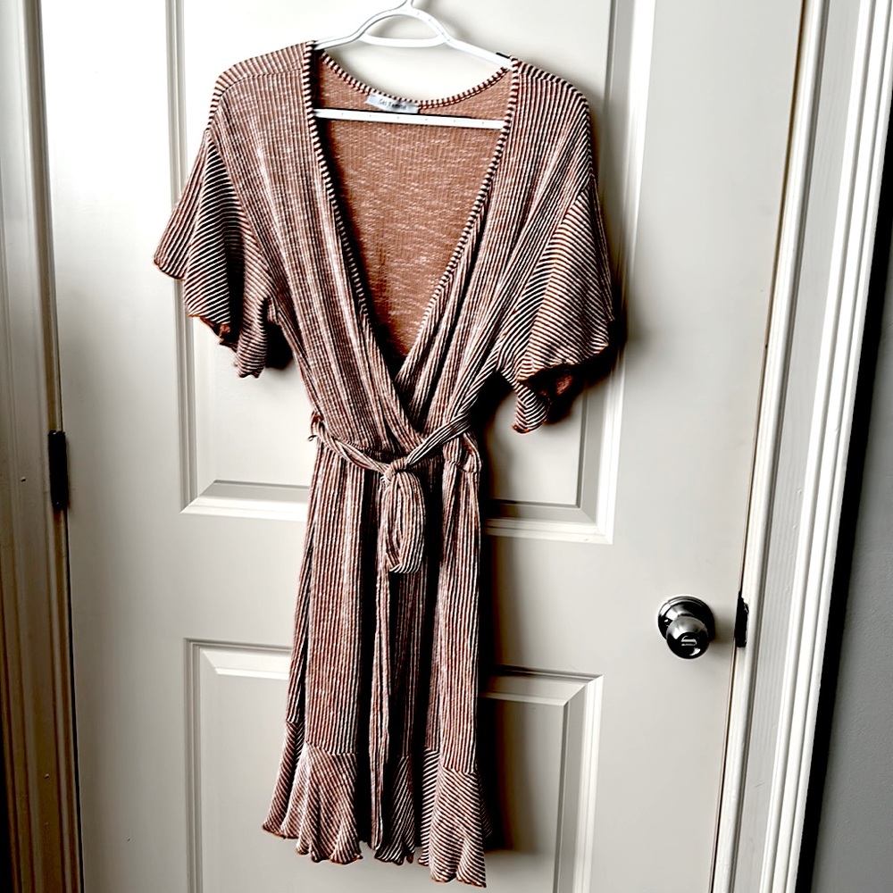 Flutter short sleeve brown and white striped dress